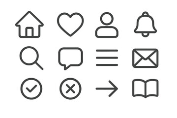 Essential outline icons set for web and mobile applications featuring navigation and communication symbols
