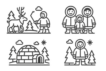 Traditional Arctic life with indigenous people, reindeer, caribou, and igloo dwelling