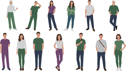 Casual standing character icons, diverse posture gesture set, body language illustration, fashion pose lineup, cad drawing flat vector