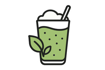 Matcha green tea latte or smoothie in a tall glass with foam and straw