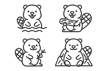 Minimalist outline icons featuring cute beavers swimming, carrying wood, and sitting