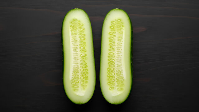 Cucumber Halves on Dark Wood. Two lengthwise cut green vegetable pieces. Fresh organic salad ingredient showing seeds. Rustic healthy detox food background