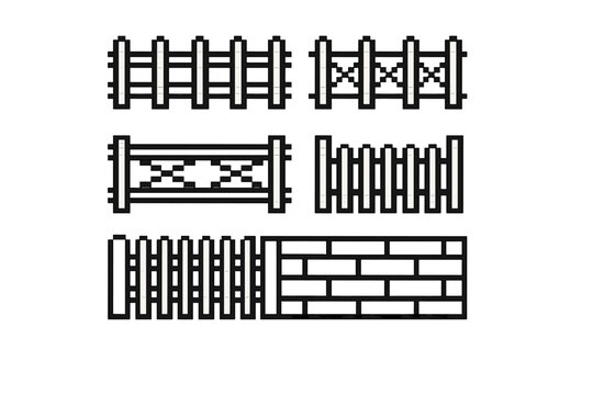 Various pixel art style barriers including wooden picket fences, security fences, and a brick wall segment