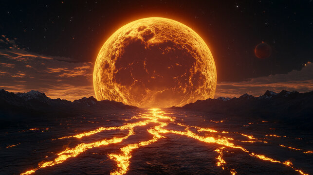 Glowing lava streams and a big red moon above, palette of fiery orange, deep crimson, and midnight black, realistic apocalyptic climate scene, AI generated