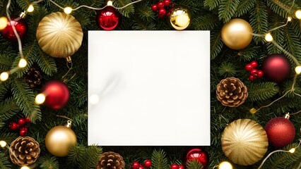 Festive christmas frame with ornaments and lights for holiday greetings or announcements