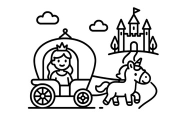 Princess riding in a royal carriage pulled by a magical unicorn toward a fantasy castle
