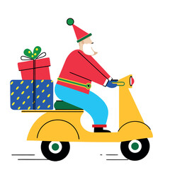 A man dressed as Santa rides a yellow scooter with a red jacket and blue pants