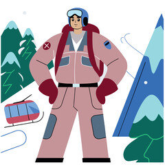 A man in a pink jacket stands in front of a mountain with a ski lift in the background