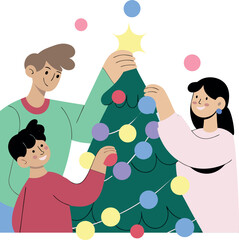 A family is decorating a Christmas tree together. The man is holding a star on the tree