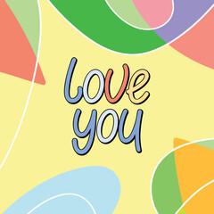 Love You romantic confession phrase handwritten with elegant cursive calligraphic font inside round wreath. Stylish lettering isolated on white background.