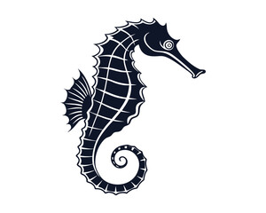A striking, dark silhouette of a seahorse, showcasing intricate fin details and a coiled tail, rendered in a graphic style