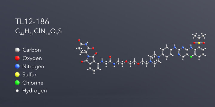 tl12-186 molecule 3d rendering, flat molecular structure with chemical formula and atoms color coding