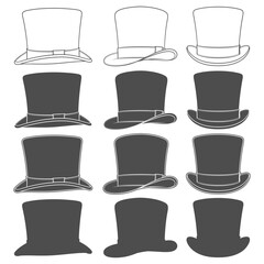 Set of black and white illustrations with classic top hat. Isolated vector objects on white background.