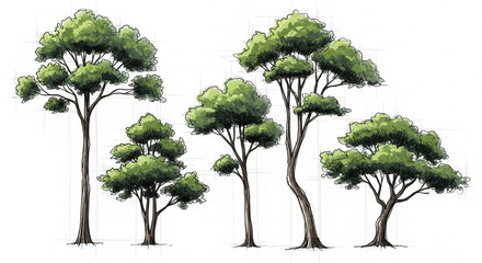 Forest Trees Collection: A collection of various stylized forest trees in a natural setting. Showcasing the beauty and diversity of the forest ecosystem.