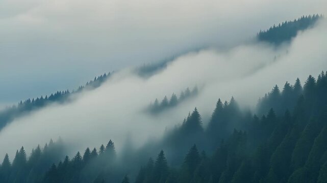 Misty clouds drift over a forested mountain range, creating a serene and atmospheric landscape.