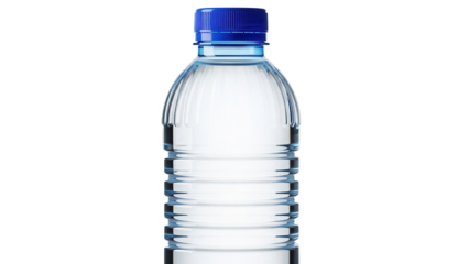 Clear plastic water bottle with blue cap isolated PNG, refreshing drink container on transparent background for health and hydration