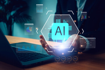 Hand presenting glowing AI icon with digital data charts and futuristic interface, representing artificial intelligence innovation, automation systems, machine learning, and advanced business.