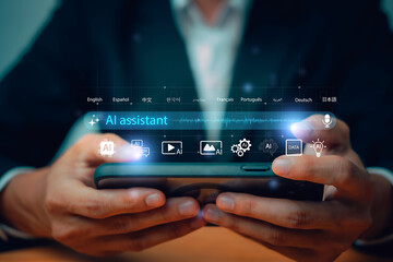 Person using smartphone with AI assistant interface, multilingual support, and smart technology icons, showcasing modern artificial intelligence tools, voice interaction, and mobile productivity.
