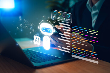 AI assistant robot hologram displayed above smartphone with coding elements and digital interface, symbolizing automation, smart communication, machine learning tools, and modern mobile technology.