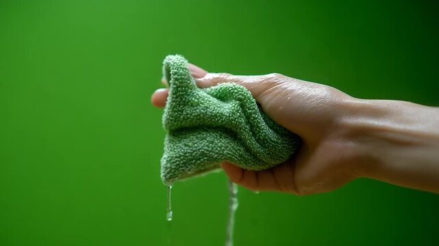 Hand squeezing green sponge over green background