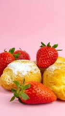 Fresh pastries dusted with powdered sugar, alongside plump, ripe strawberries on a pink backdrop