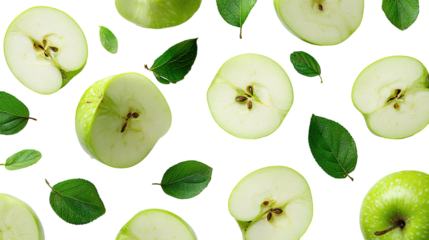 green apple, half and slice isolated, transparent png, collection, PNG format, cut out.