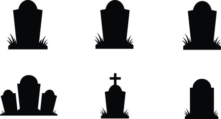 Gravestone silhouette icon set with RIP, cross, grouped cemetery markers and grass, cad drawing flat vector illustration, blackwhite