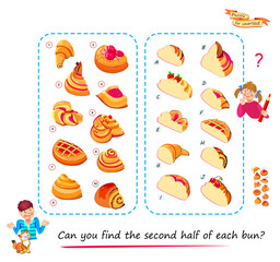 Can you find the second half of each bun? Logic game for the smartest. 3D puzzle. Find and search game. Developing spatial thinking skills. Brain teaser book. Hand drawn vector illustration.
