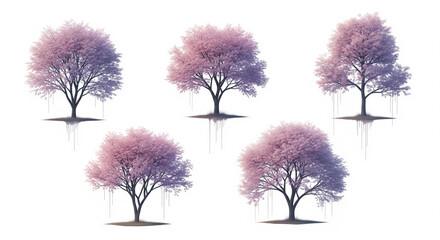 Blossom of Harmony: A serene composition of five distinct trees, each adorned with delicate pink blossoms and set against a soft background, evoking a sense of calm and the beauty of nature.