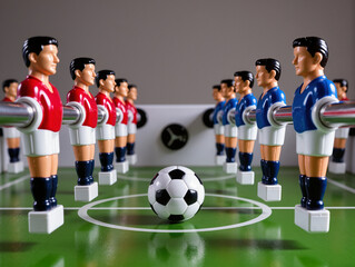 Foosball game with red and blue team players facing off