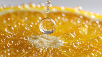 Water drop falls on orange slice
