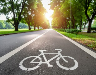 Obraz premium Sunlit dedicated bicycle lane marked clearly inviting riders down a lush, green park avenue