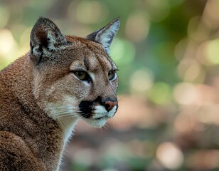 Stunning close-up portrait of a focused wild cougar observing its natural habitat with intense eyes