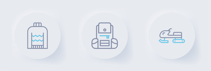 Set line Snowmobile, Hiking backpack and Christmas sweater icon. Vector