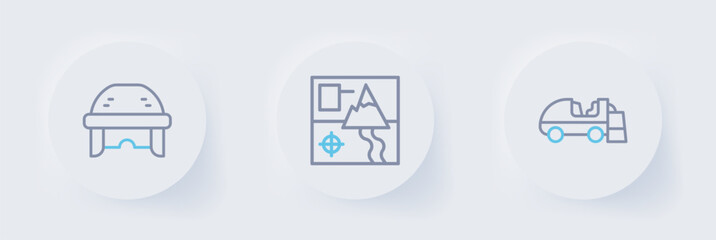 Set line Ice resurfacer, Folded map and Hockey helmet icon. Vector