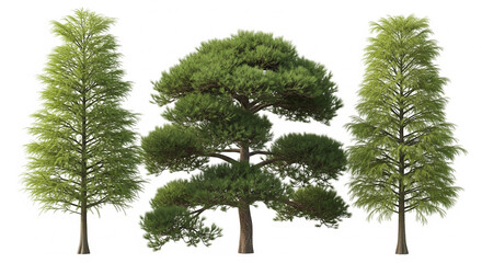 Obraz premium Arboreal Trio: A captivating image showcasing three distinct trees, each boasting unique foliage, standing proudly against the sky.