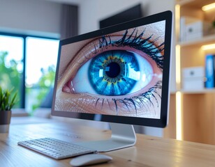 Stunning close up of vibrant blue eye displayed on modern computer monitor in bright office setting