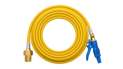 Isolated bright yellow hose and blue spray gun for washing and cleaning equipment or tools