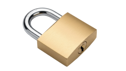 Brass padlock isolated PNG, security lock with metal shackle for safety and protection on transparent background