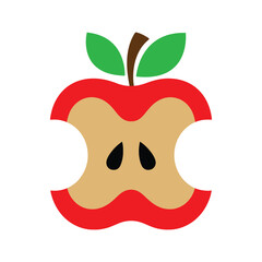 Bitten Apple Core Vector &ndash; Red Apple Slice with Seeds Flat Illustration. Eaten Apple Core Vector Illustration.