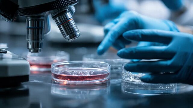 Laboratory in vitro testing of drug compounds with scientists examining petri dishes and test tubes under microscopes to assess pharmaceutical effectiveness.