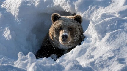 Young Bear Peeking Out of Snow Drift in Natural Wilderness Scene with Bright Lighting