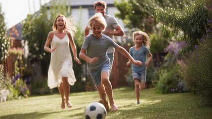 family playing soccer backyard on sunny lawn, parents chasing children across green garden, barefoot kids dribbling ball, laughter and motion, warm late