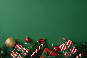A festive holiday display with striped gifts, candy cane, gold ball, pine sprig and confetti evokes...