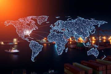 Generative AI Digital World Map with Network Connections and Light Effects for Global Connectivity