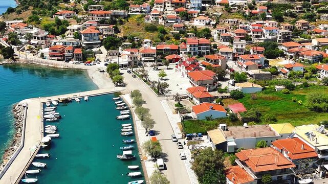 Aerial Drone View of Glyfada Village and the Gulf of Corinth, Central Greece