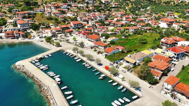 Aerial Drone View of Glyfada Village and the Gulf of Corinth, Central Greece