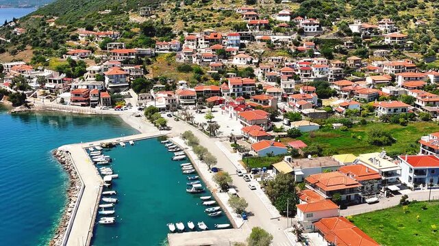 Aerial Drone View of Glyfada Village and the Gulf of Corinth, Central Greece