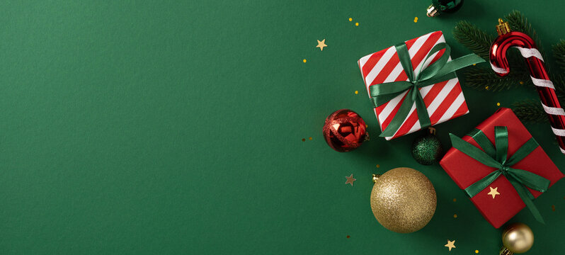 Festive banner with wrapped gifts, ribbon, red and gold baubles, and candy cane on a green background. Ideal for Christmas and New Year campaigns, greetings, holiday decor - Powered by Adobe