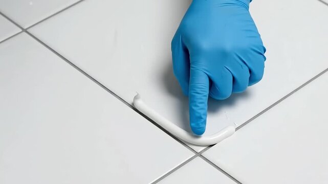 Closeup of a worker in blue protective gloves using a caulking gun to apply white sealant along the grout line between glossy ceramic tiles, sealing bathroom joints against moisture.